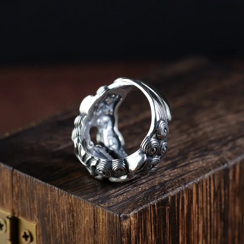 Silver open ring with Domineering Jibeast animal and Zodiac pattern in retro style