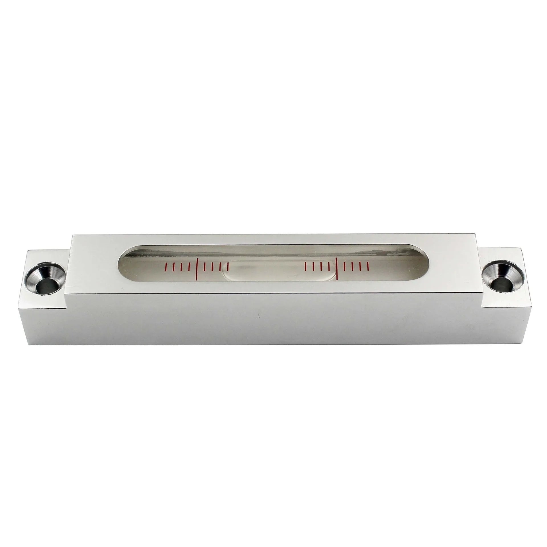 Mini metal spirit level with glass vial showing 500 bubbles for precise measurement