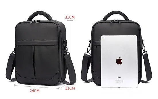 Black Oxford fabric mens messenger shoulder bag showing front view
