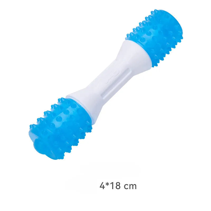 Blue and white TPR rubber puppy teething chew toy for dental health in three sizes