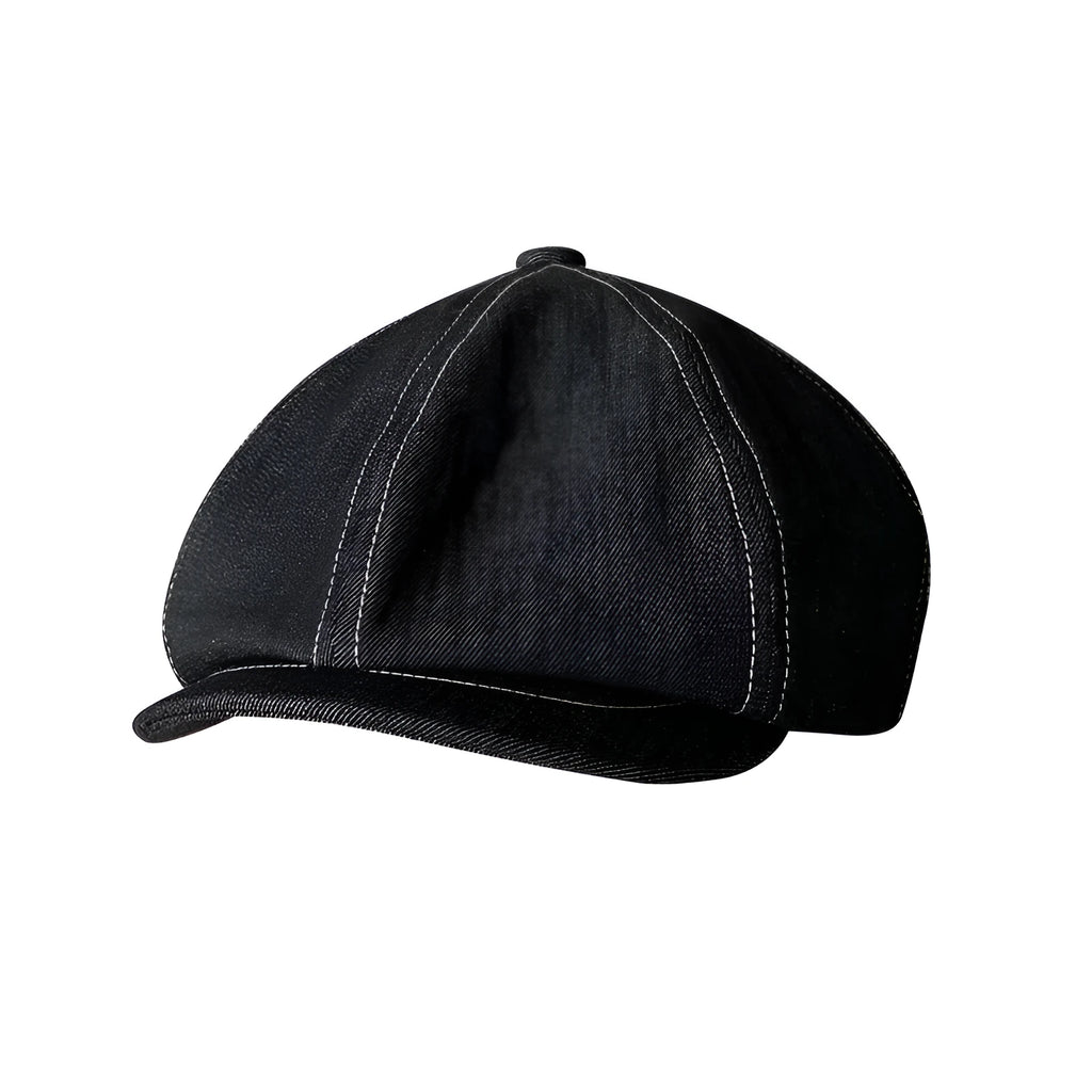 Black Japanese denim beret hat showing retro design with cotton construction
