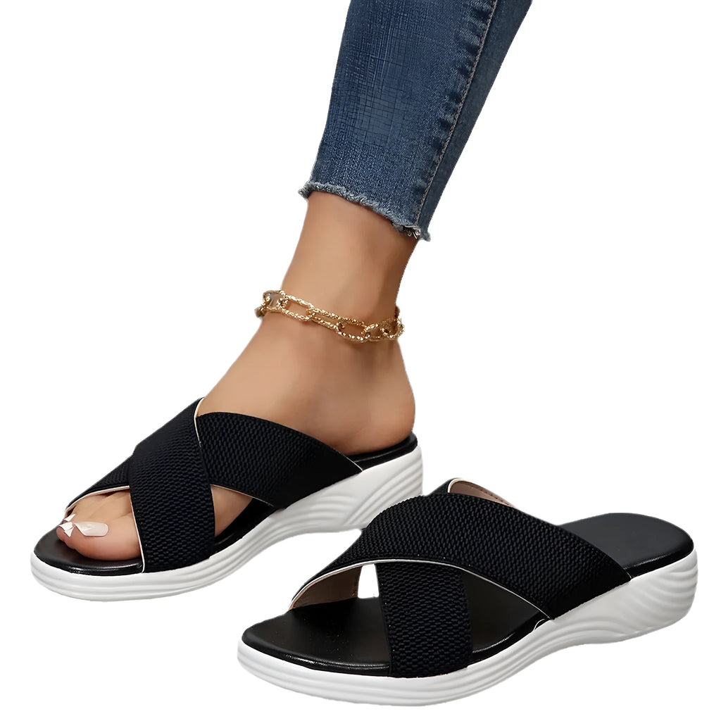 Women's black wedge slippers with peep-toe design and thick rubber sole