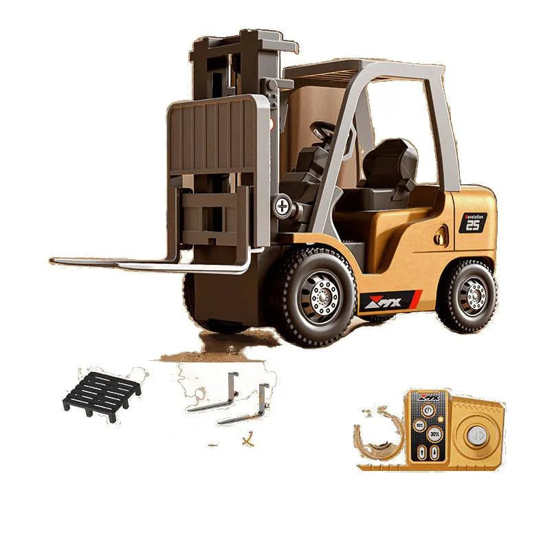 Bluetooth remote controlled 1:64 scale alloy forklift model toy with cargo forks and pallet.