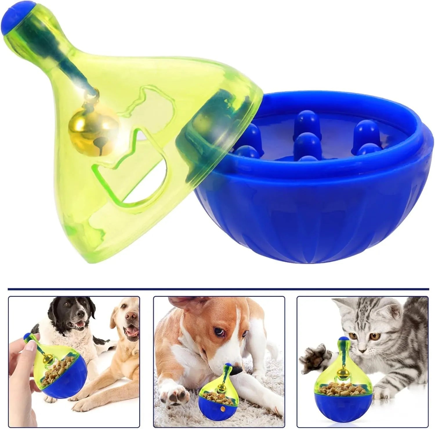 Blue plastic pet treat dispenser tumble ball with treat holes