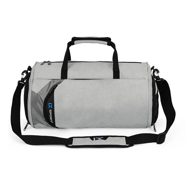 Men's waterproof nylon sports training bag in black or grey, large 45x26x26cm with dry wet separation and trolley strap, small 39x22x22cm