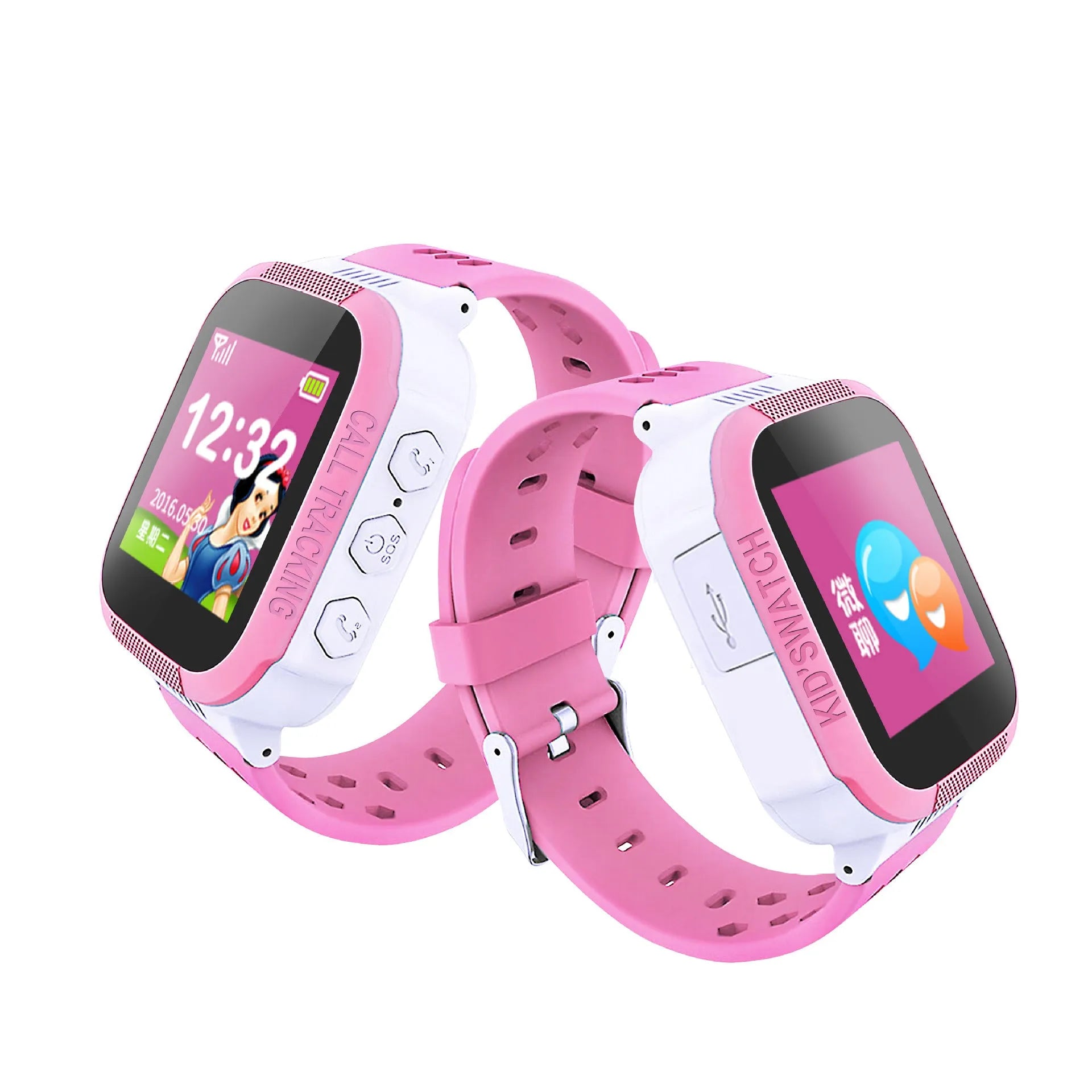 Blue and pink children's phone watch showing its 1.44-inch IPS screen and USB port