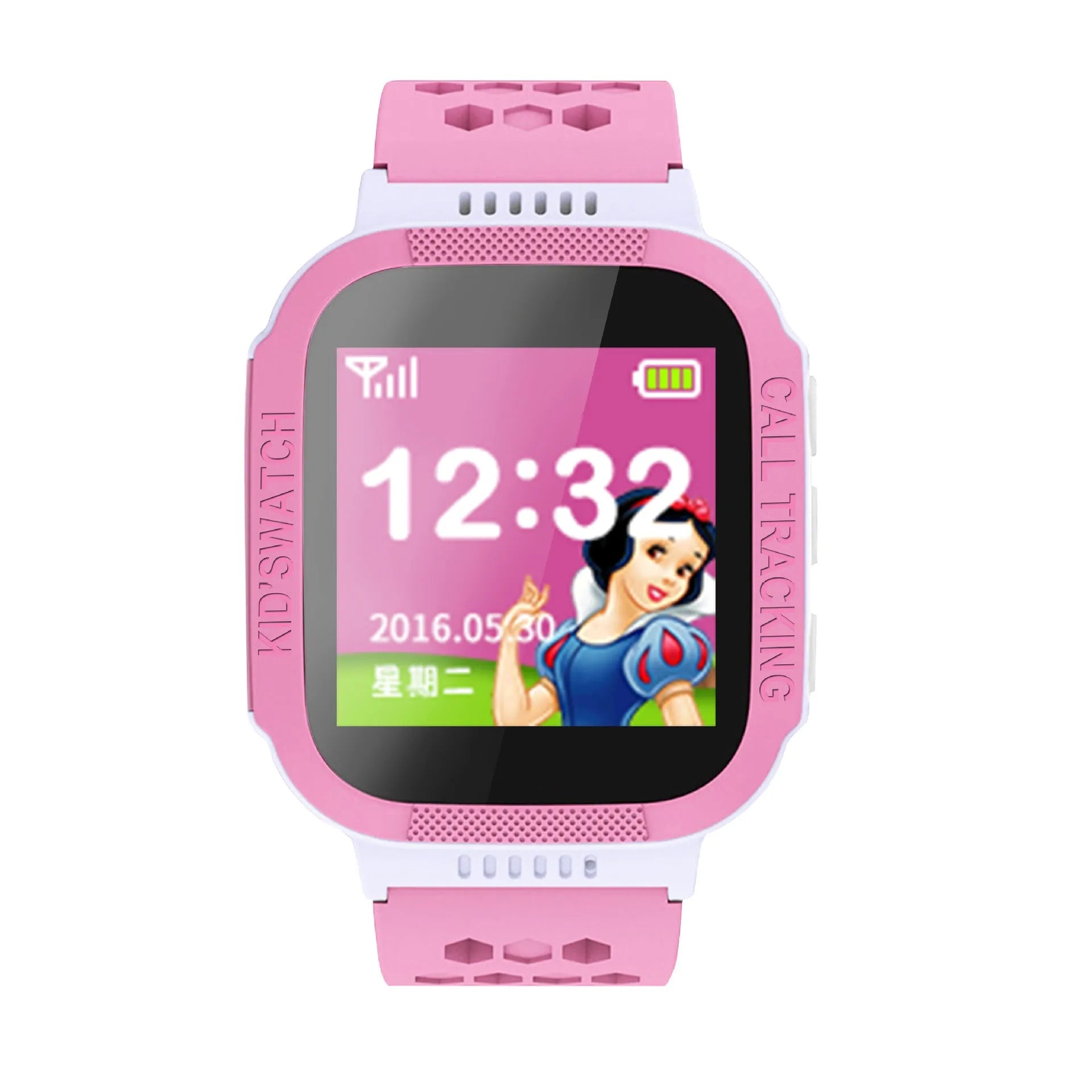 Blue and pink children's phone watch showing its 1.44-inch IPS screen and USB port