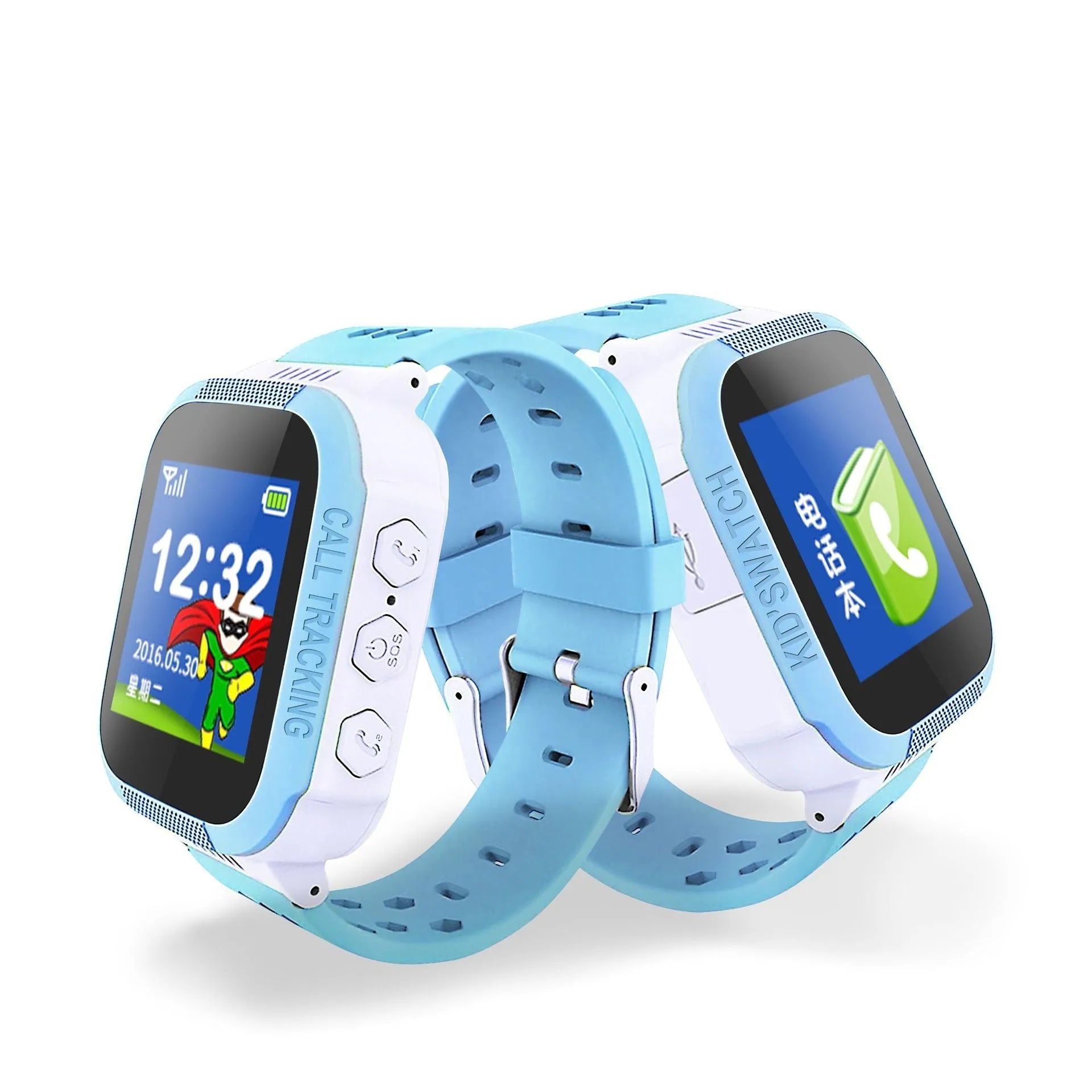 Blue and pink children's phone watch showing its 1.44-inch IPS screen and USB port
