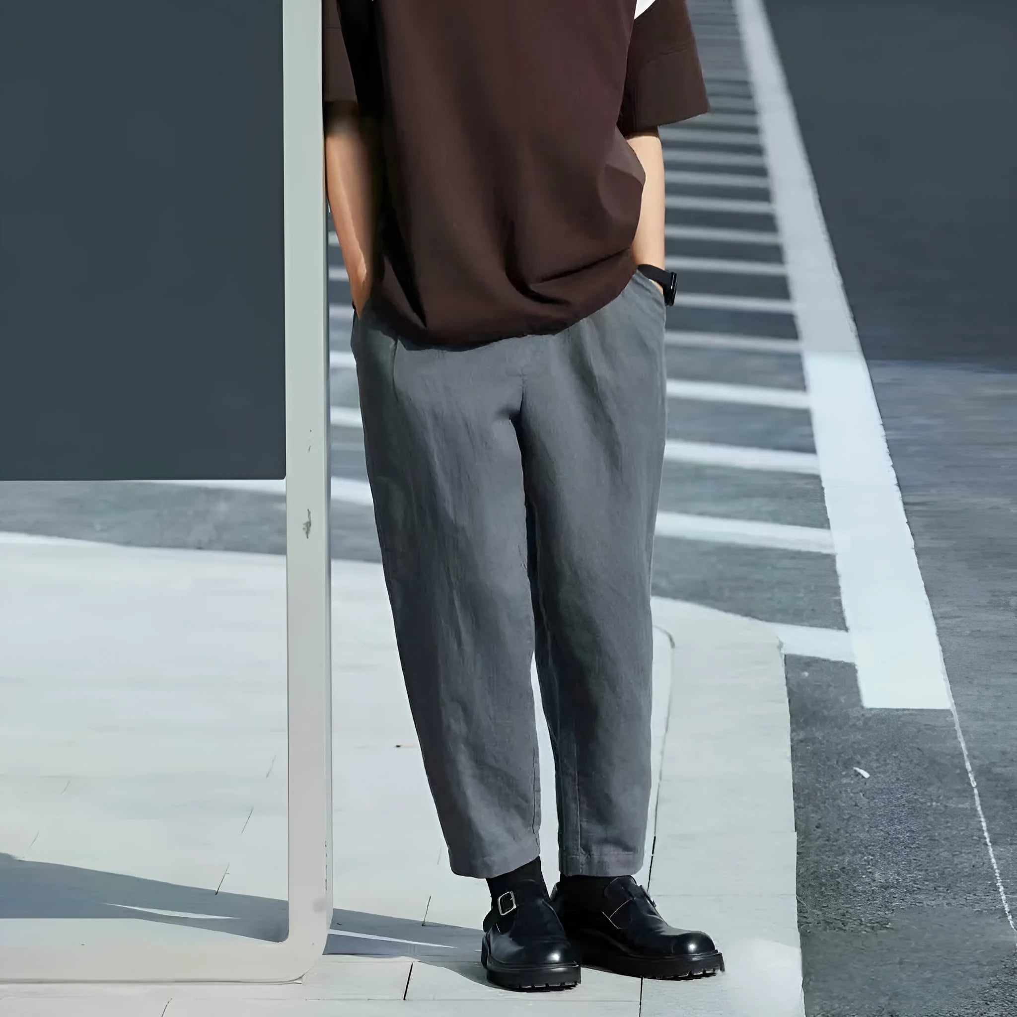 Men's loose straight-leg casual trousers with drawstring waistband in beige colour