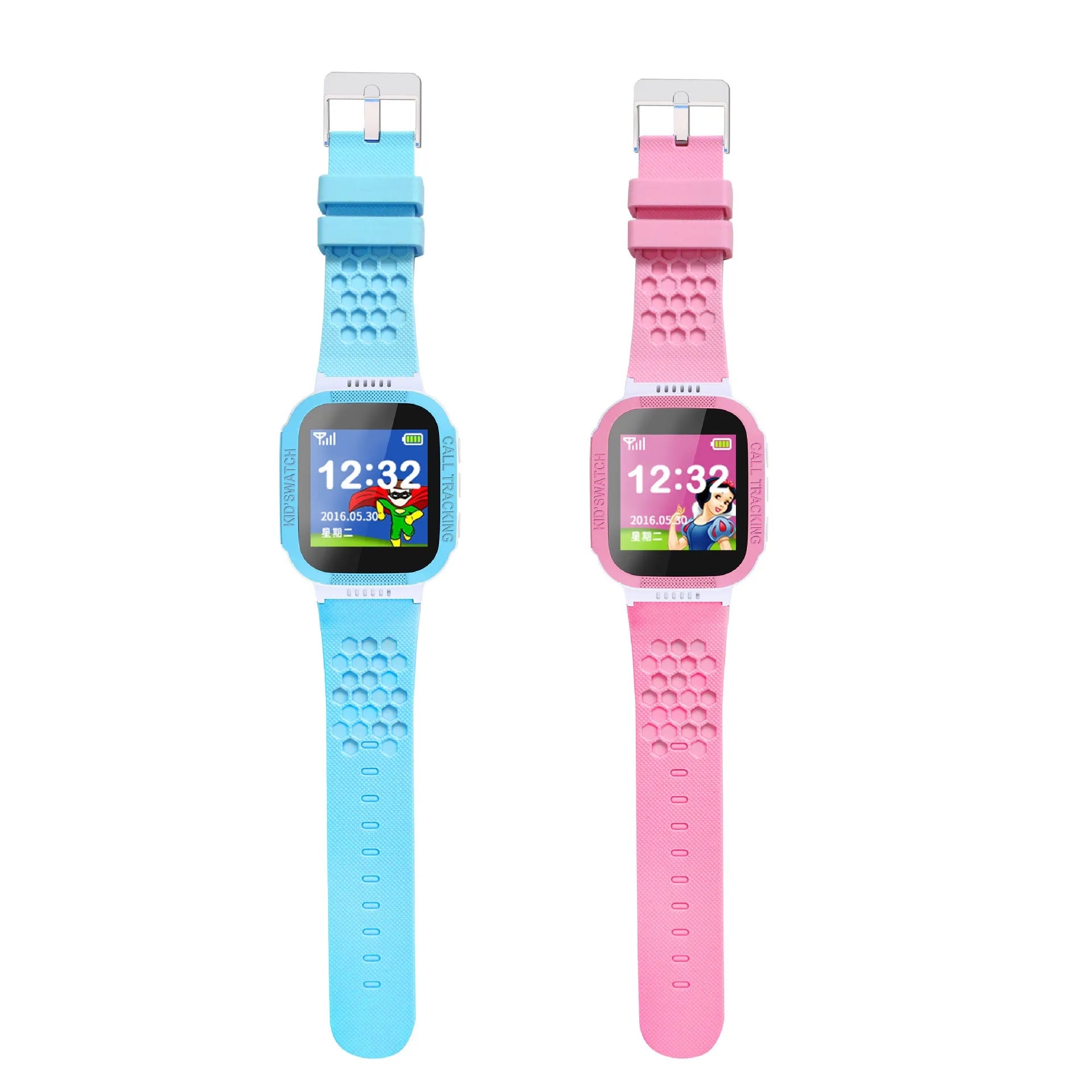 Blue and pink children's phone watch showing its 1.44-inch IPS screen and USB port