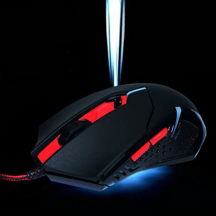 Black and red ergonomic USB wired gaming mouse with six buttons on a 1.8m cable.