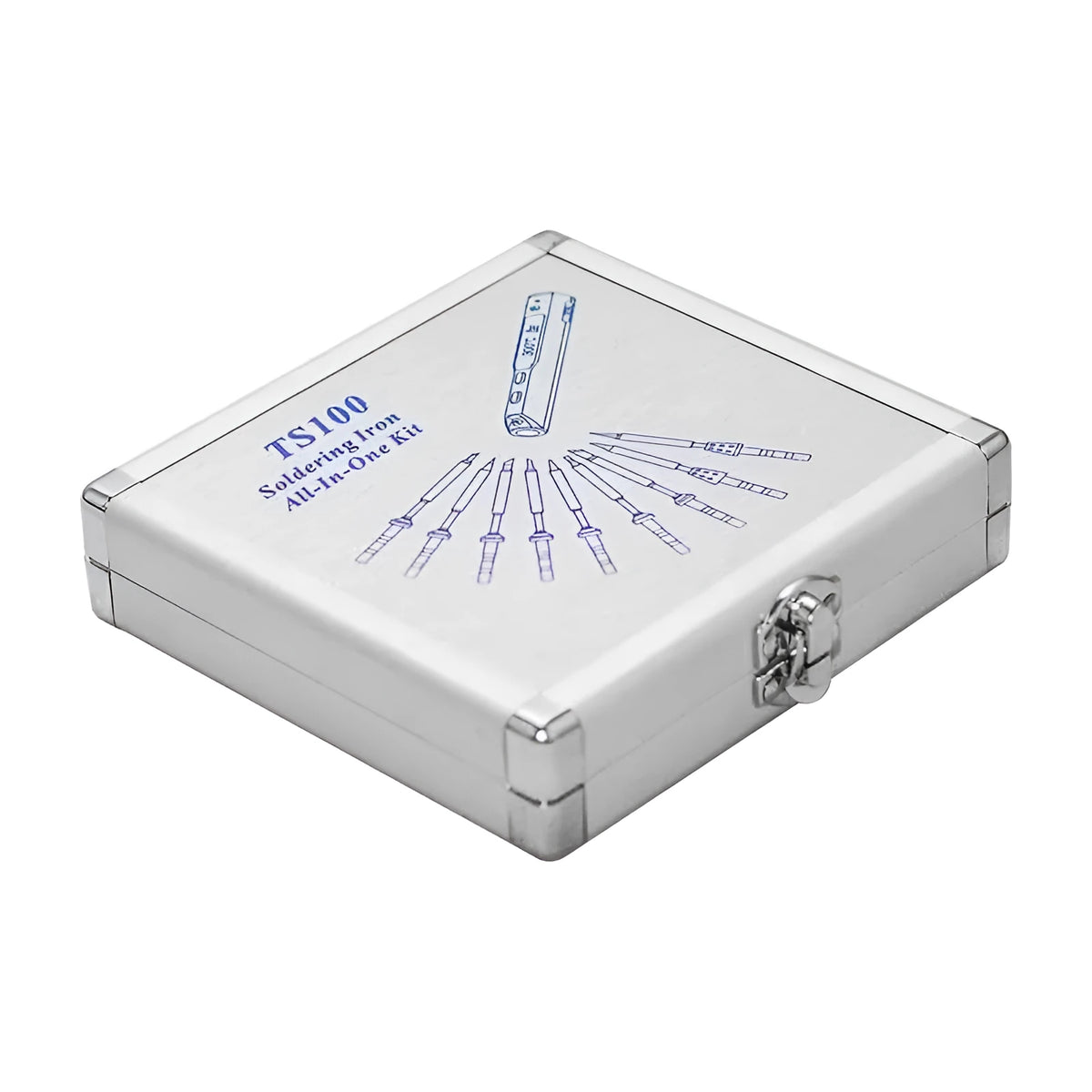 Silver aluminium portable storage box for a soldering iron, showing mini size.