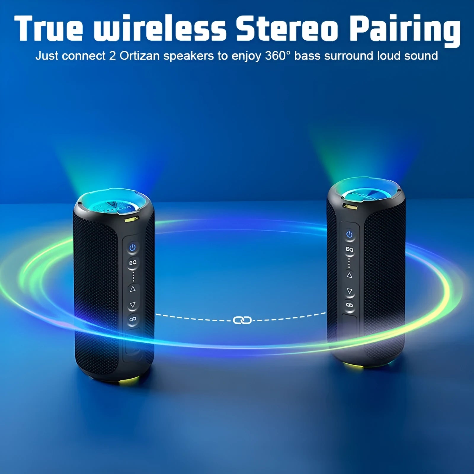 Black and blue fabric wireless Bluetooth speaker with LED lighting showing front controls