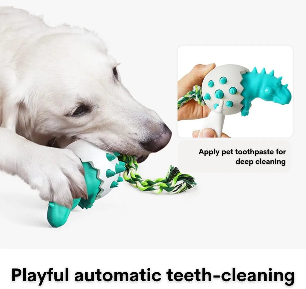 Durable dinosaur-shaped dog chew toy with rope attached, shown in blue colour