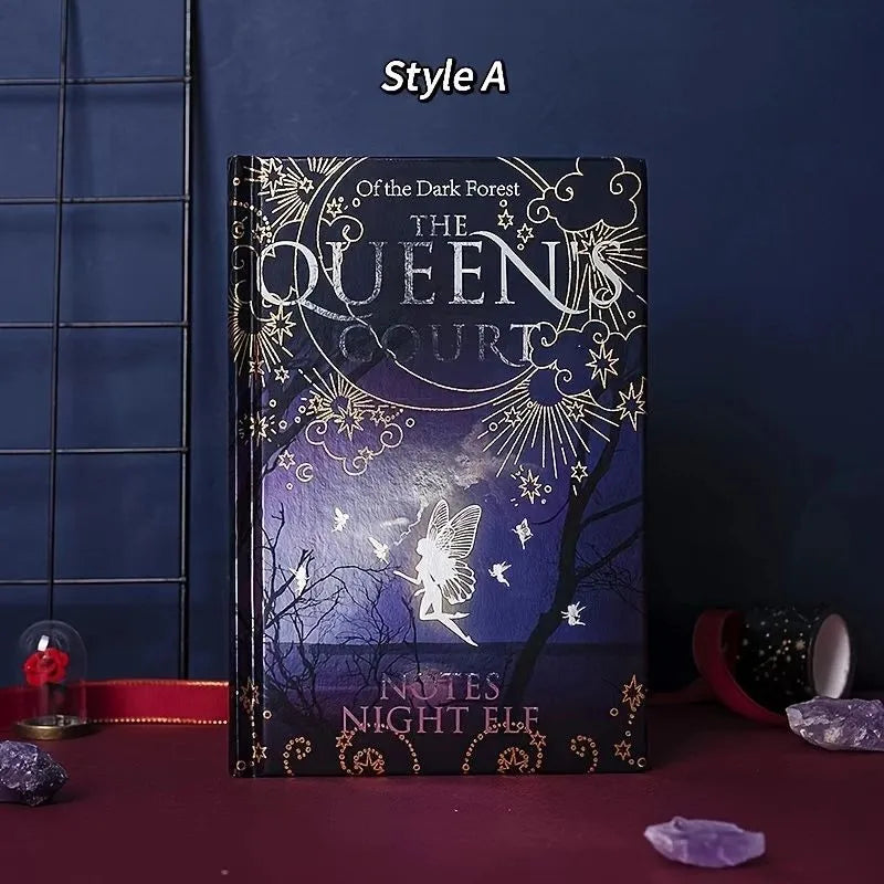 Blue A5 hardcover luminous notebook with retro night elves illustrations open to show full-colour interior pages