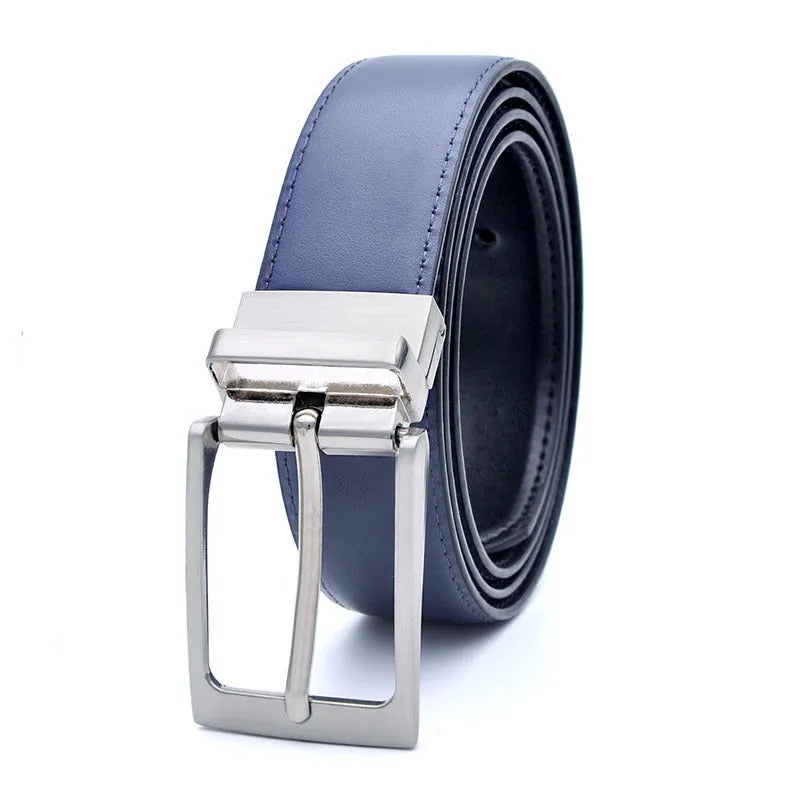 Men's dark brown and black genuine leather belt with a silver rotating pin buckle clasp on a plain background.