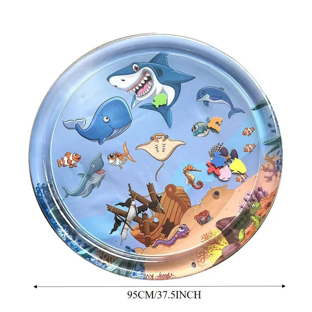 Square blue water sensory playmat for cats with floating fish toys on surface