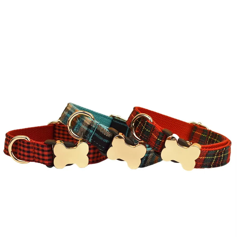 Nylon dog collar with bone buckle and printed grid design in multiple colour options