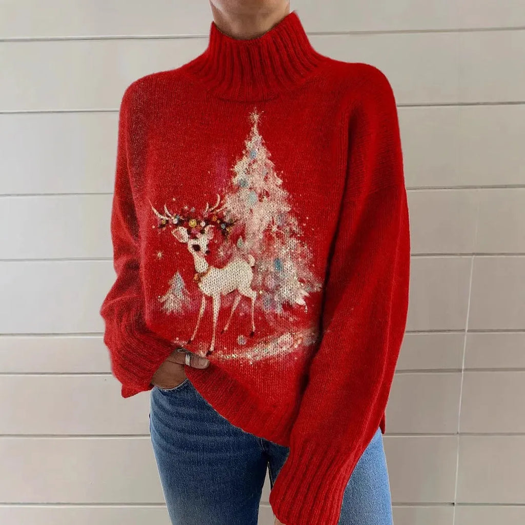 Women's Christmas printed turtleneck sweater in loose fit with painting pattern and macaron colours