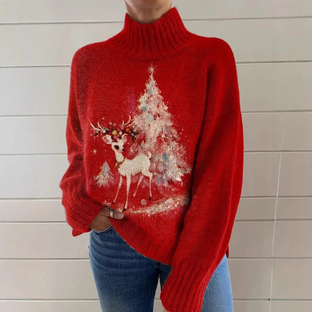Women's Christmas printed turtleneck sweater in loose fit with painting pattern and macaron colours