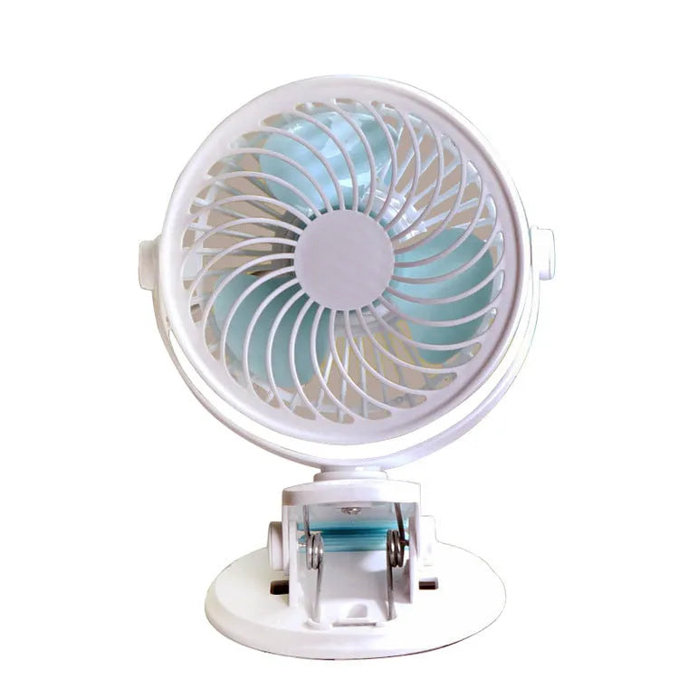 USB-powered compact desktop fan with three blades in mini clip and floor configurations