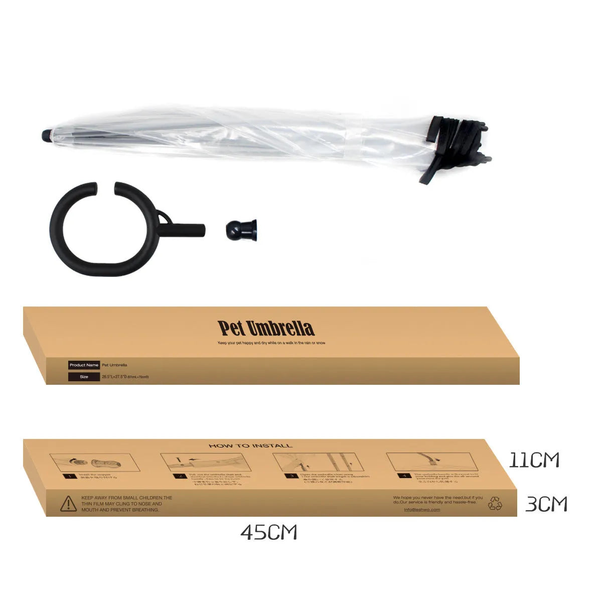White transparent pet umbrella with C-shaped handle, 70cm PVC canopy, and adjustable retractable middle bar