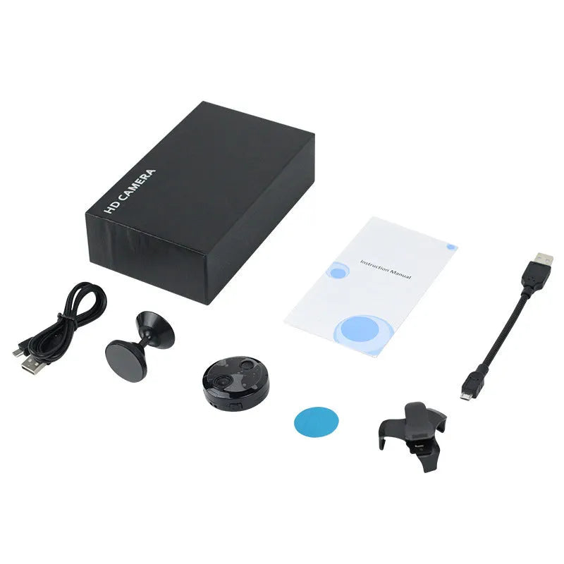 HDQ15 outdoor sports camera in bright plastic, 45x45x13mm, with bracket and back clip.