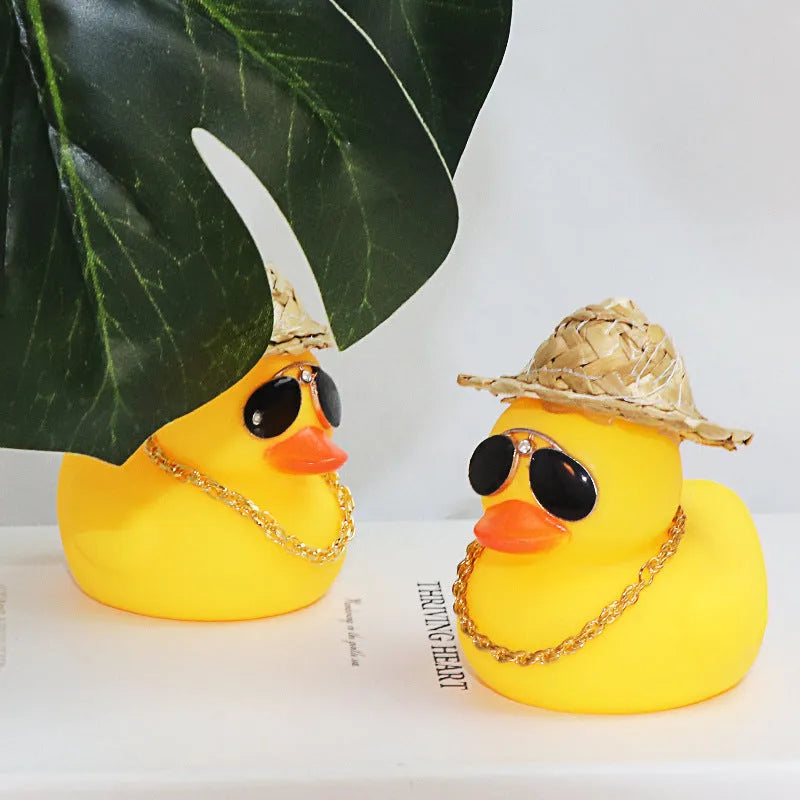 Cartoon straw hat yellow duck car dashboard ornament with sunglasses accessory on base