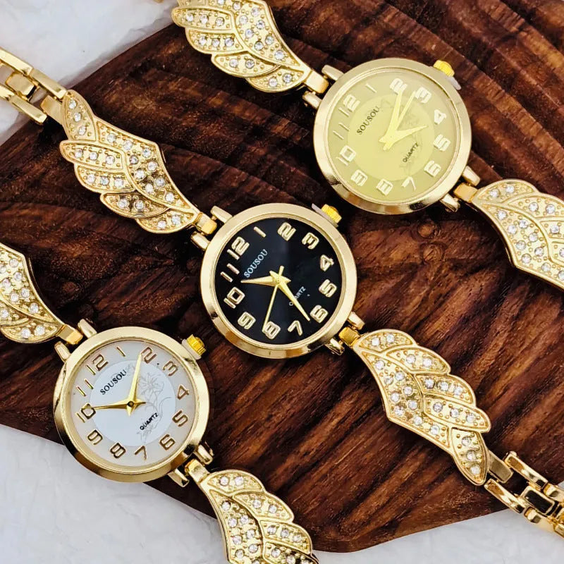 Stainless steel women's watch with round dial showing gold surface option and vachette clasp