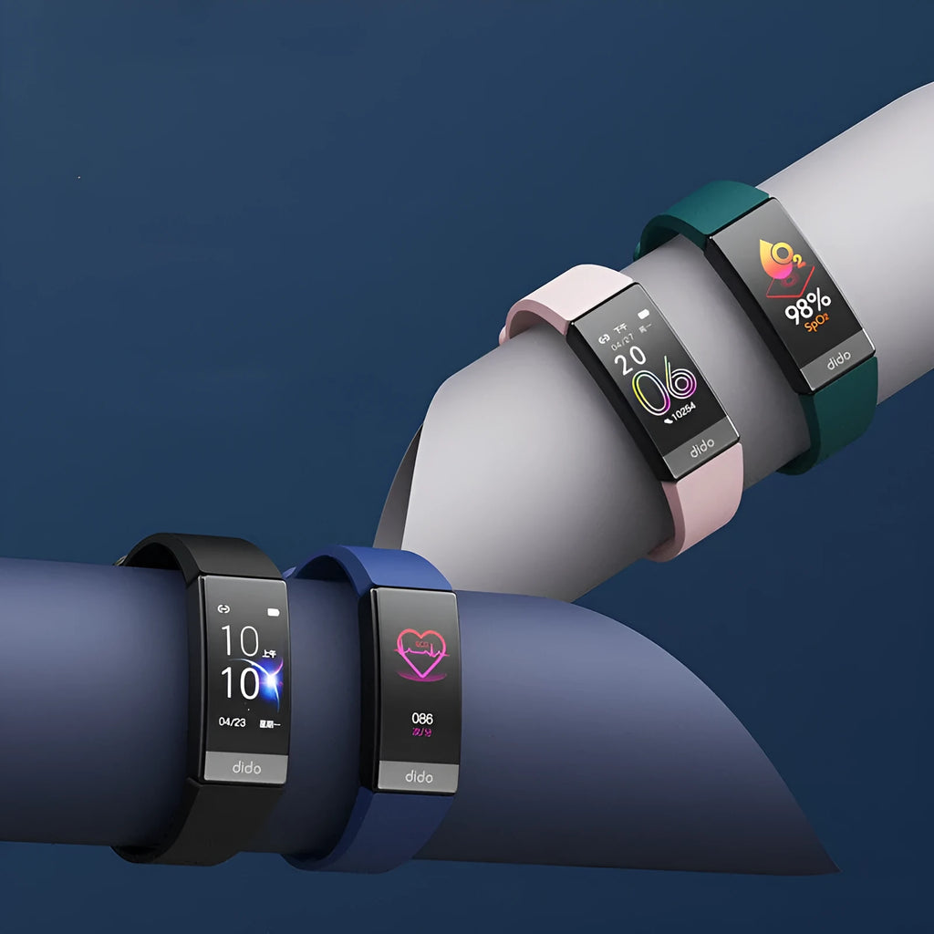 Black smart health monitoring bracelet with a 1.1-inch screen on a wrist strap.