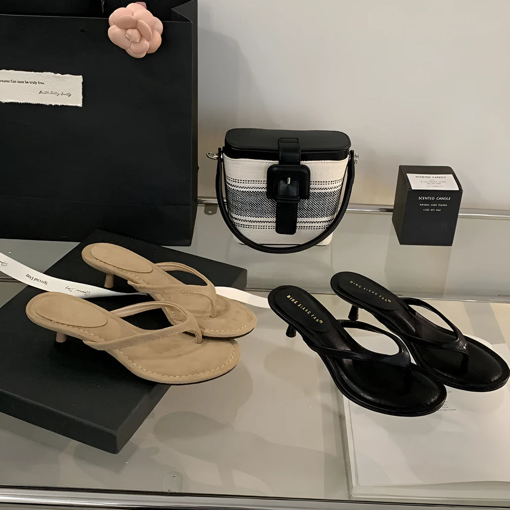 Women's round toe stiletto sandals in black and camel colours with rubber soles
