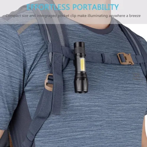 Mini black aluminum alloy telescopic LED flashlight with pocket clip showing zoom adjustment