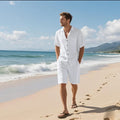 Men's linen blend short sleeve shirt and shorts set in Army Green colour