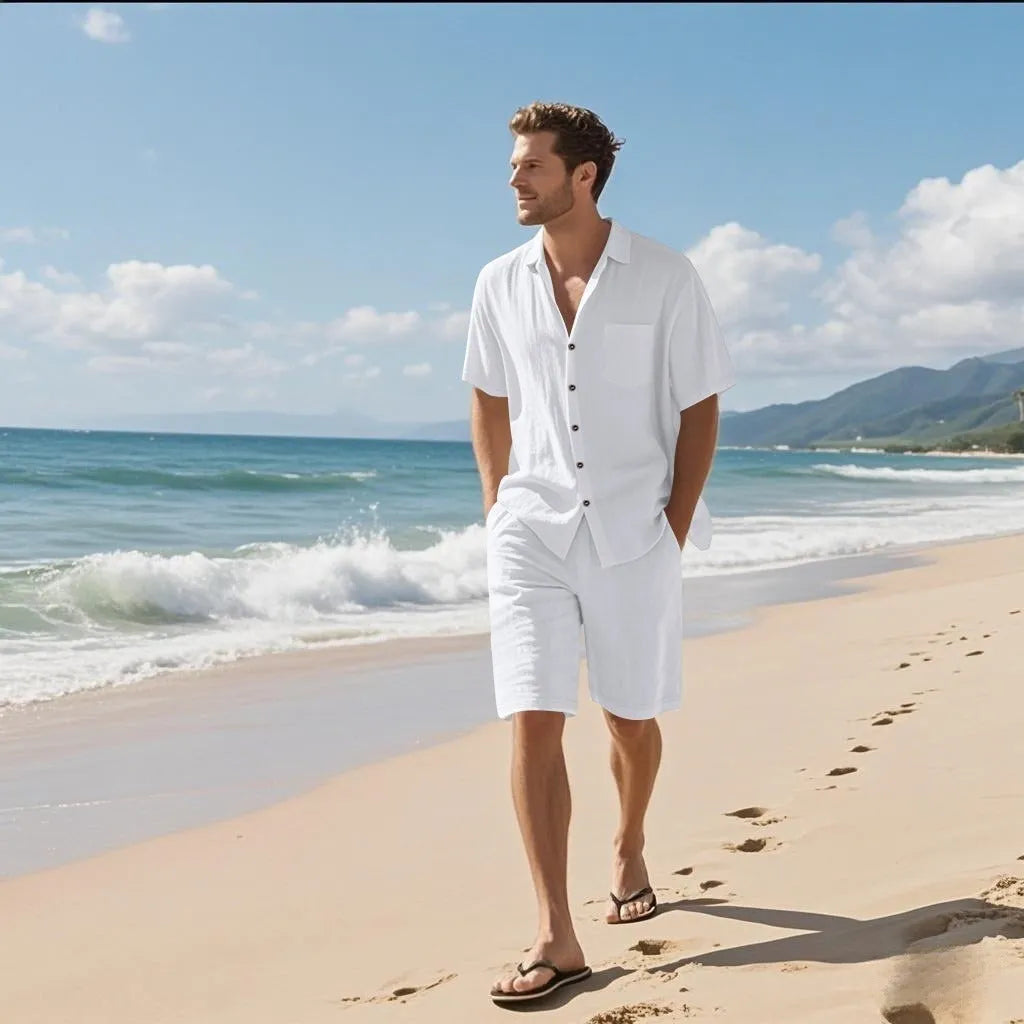 Men's linen blend short sleeve shirt and shorts set in Army Green colour