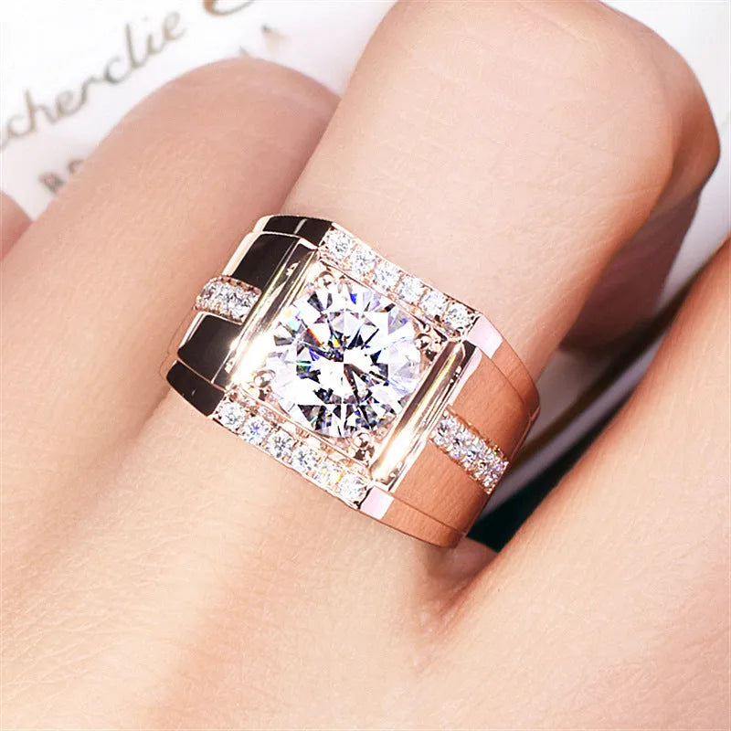 Men's adjustable imitation moissanite ring in metallic electroplated finish with geometric diamond pattern
