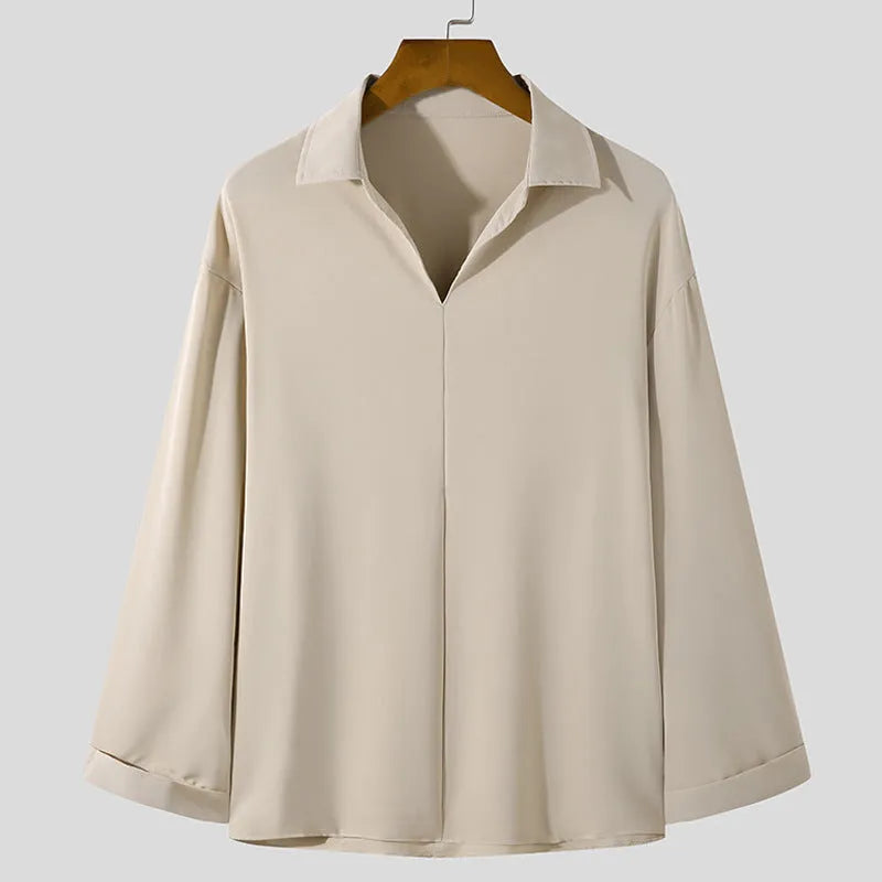 Men's loose lapels casual shirt in pullover style with long sleeves