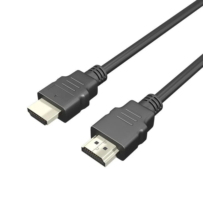 Black HDMI cable with nickel-plated connectors, shown in available lengths of 1m, 1.5m, 3m, and 5m.