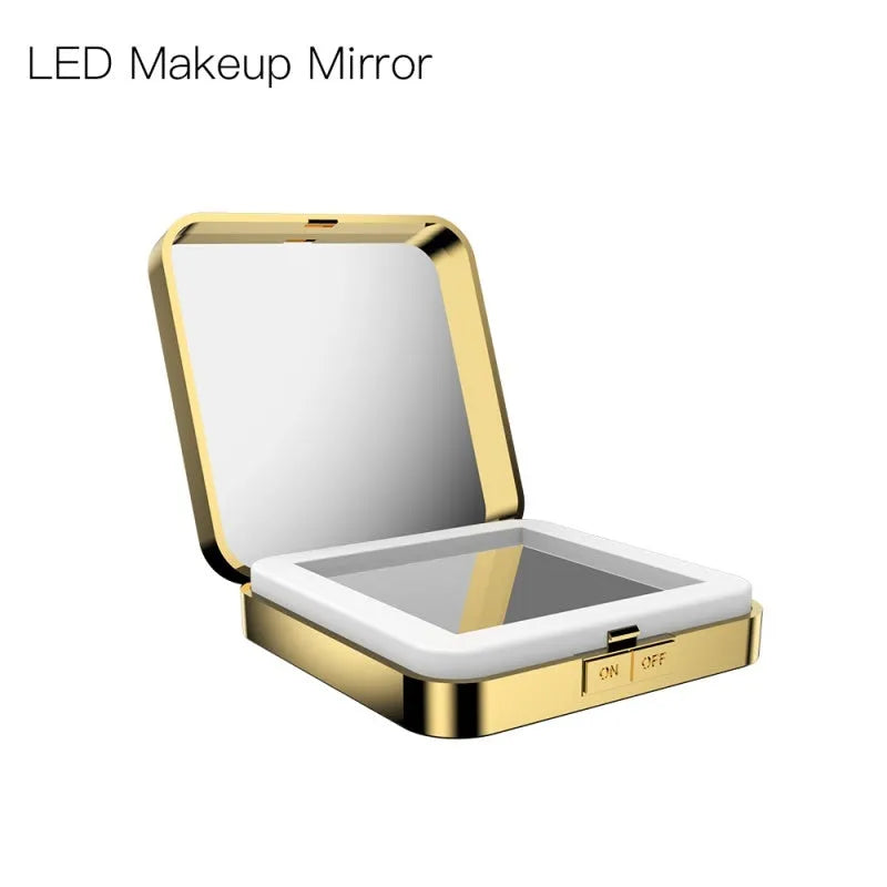 Black and white lighted vanity makeup mirror showing dual-sided design with magnification and adjustable colour temperature dial.