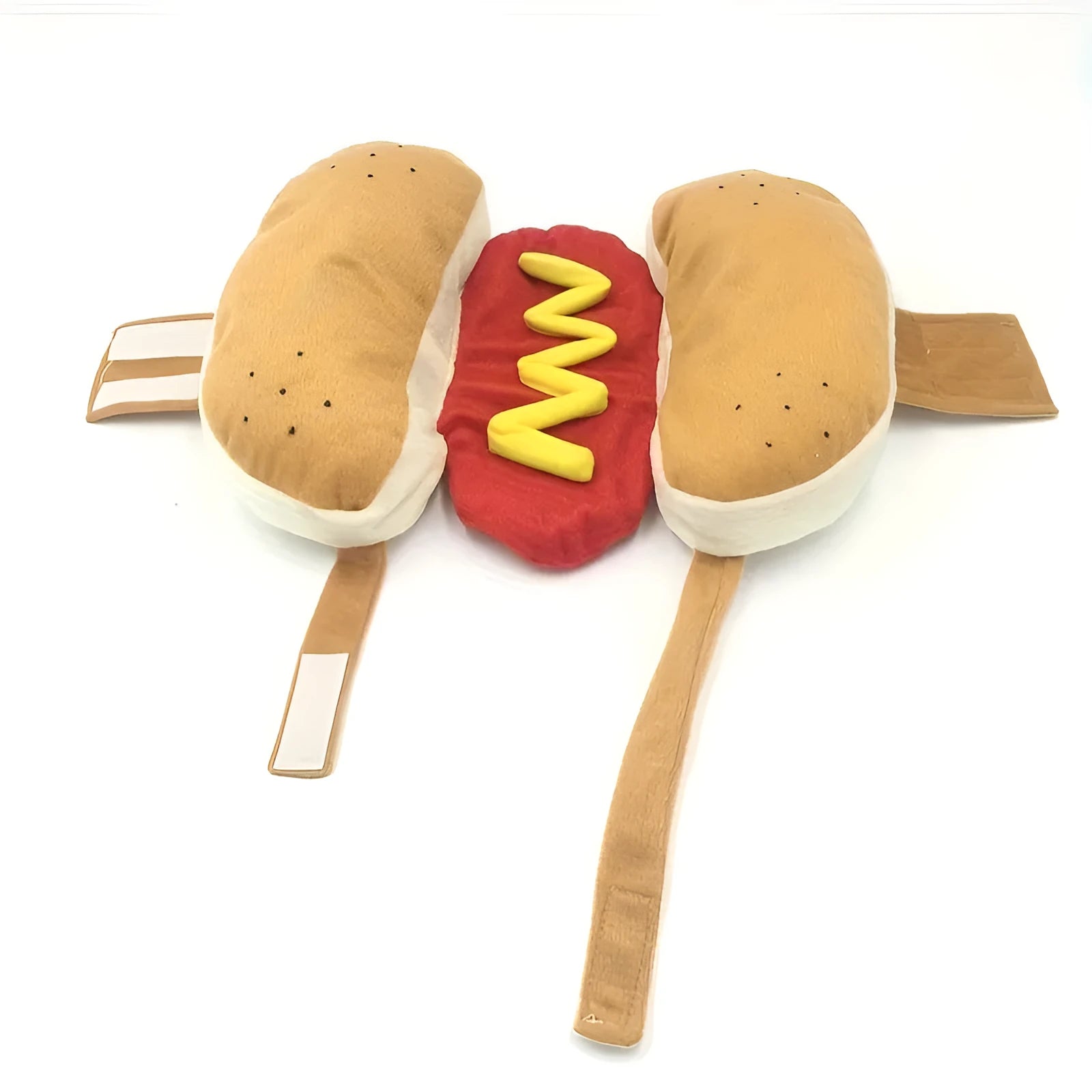 Brown and beige hot dog costume suit on a small dog for winter and parties.