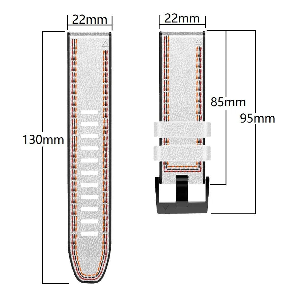 Silicone leather quick-release watchband for Garmin Fenix smartwatches in black, shown with detached spring bars.