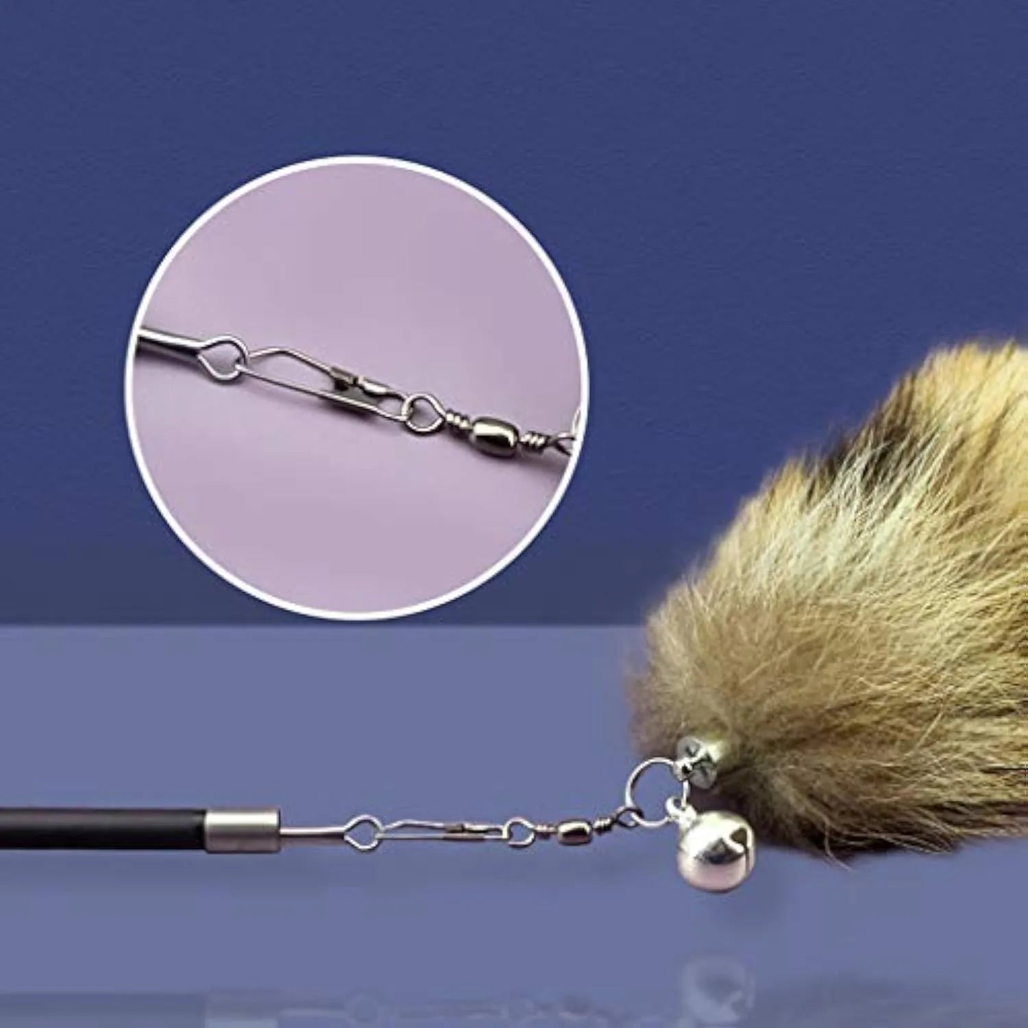 Black cat toy wand with feather teaser on elastic string, 42cm length