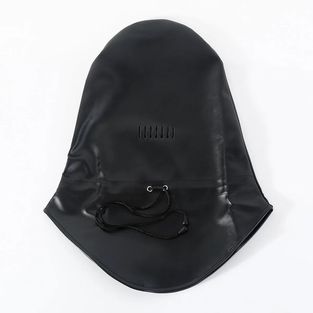 Black leather BDSM mask with breathable nose holes for adult roleplay.