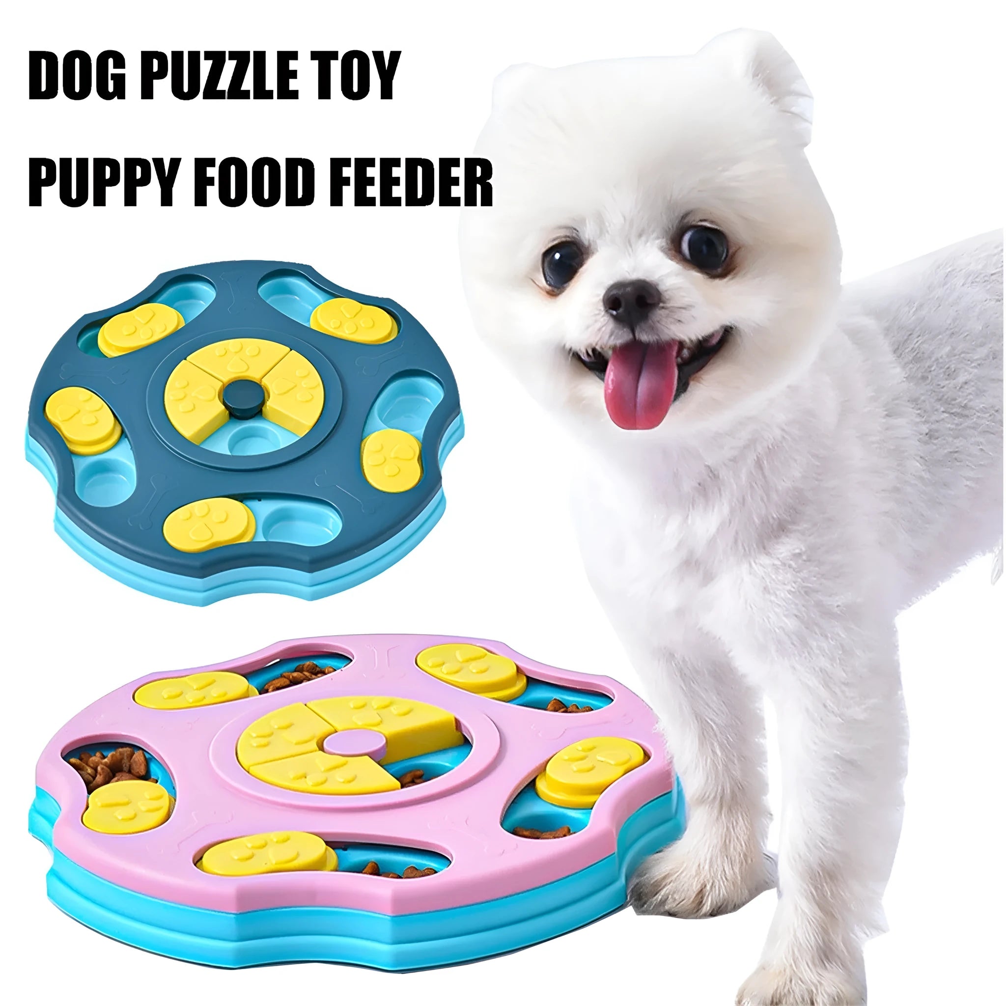 Blue and pink dog puzzle toy feeding bowl for aggressive chewers with treat compartments
