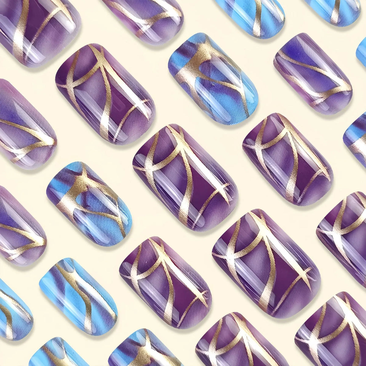 Purple striped nail stickers in European and American style with medium length design