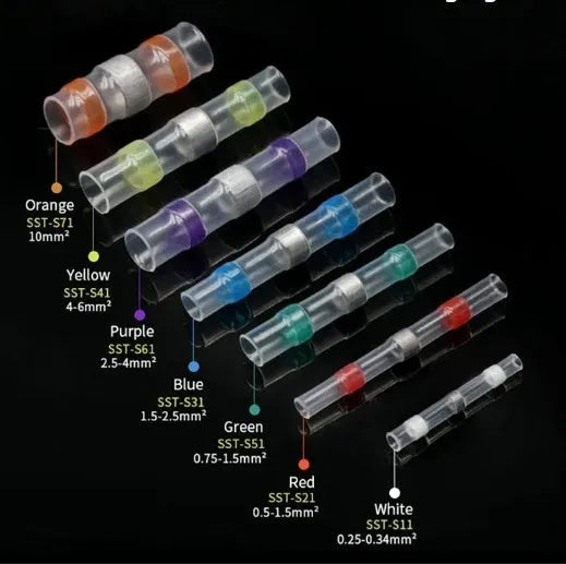 Blue, green, orange, purple, red, white, and yellow heat shrink solder ring terminals for electrical wiring.