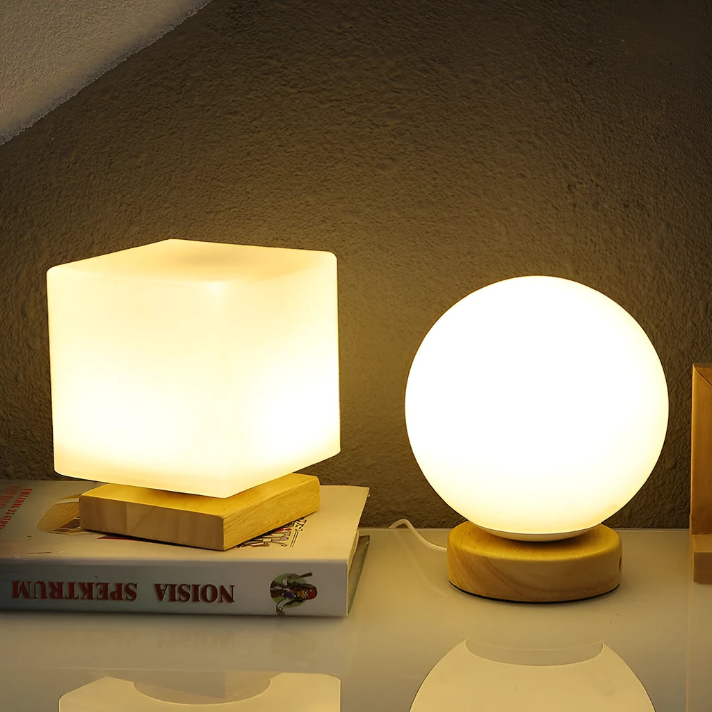 White Nordic solid wood USB table lamp in geometric flower shape with touch dimming control