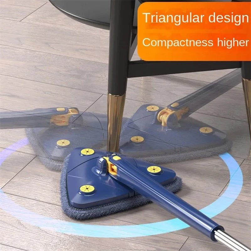 Blue triangle cleaning mop with extendable pole rotating to clean wall corners