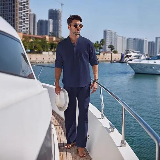 Men's solid colour cotton casual suit with long sleeves and trousers in multiple colours.