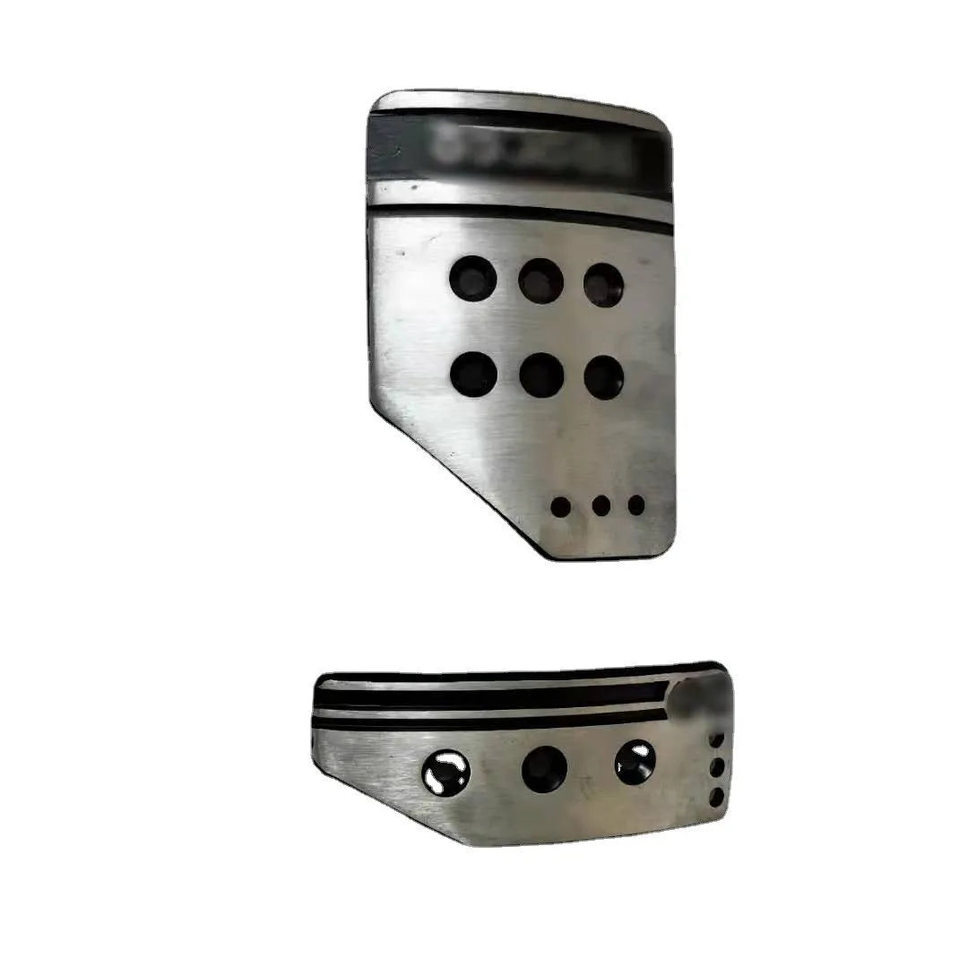 Aluminium alloy manual transmission car pedal set showing accelerator, brake, and clutch pedals with screws and nuts.