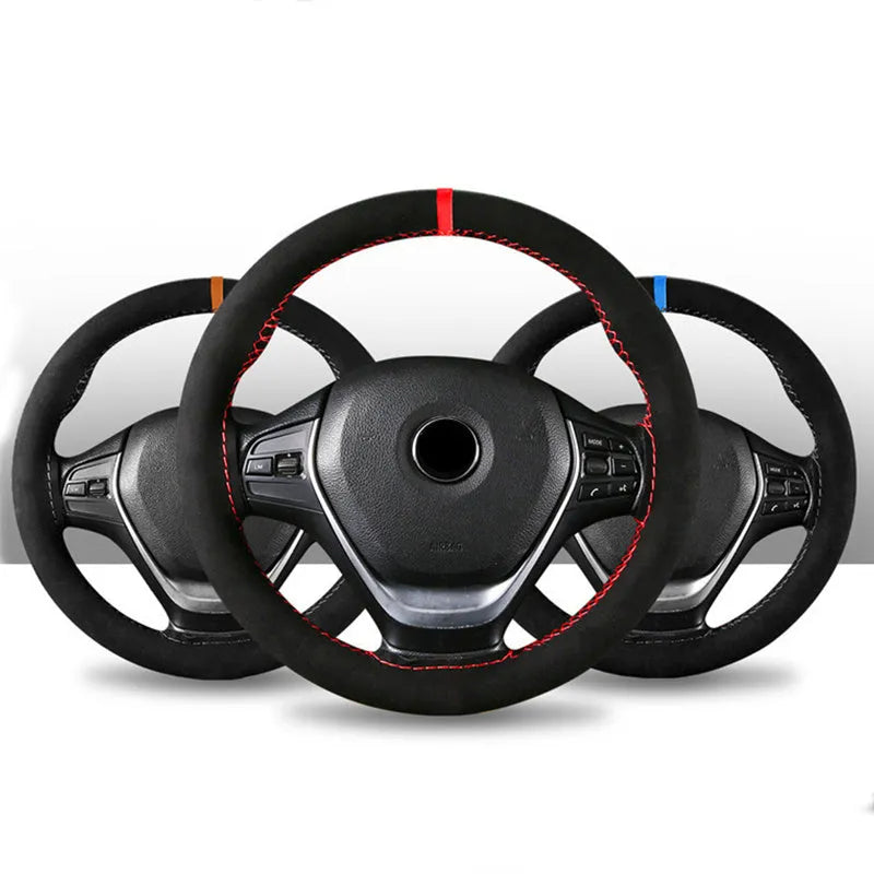 Black wool microfiber steering wheel cover with suede material on car steering wheel